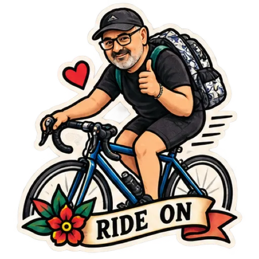 Ricardo en bicicleta con un corazón y el lema Ride on